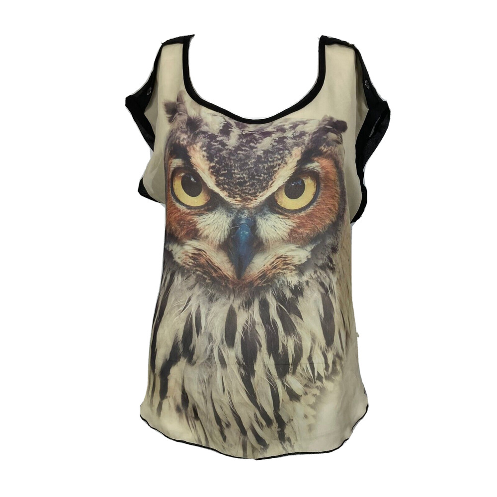 Wet Seal Shirt Womens‎ Sz M Black Beige Owl Print Sheer Scoop Neck Top Blouse